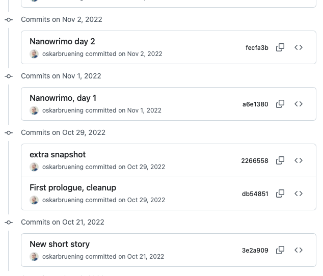 Git commit history showing the earliest Eden's Rise writing, from NaNoWriMo in October and November 2022