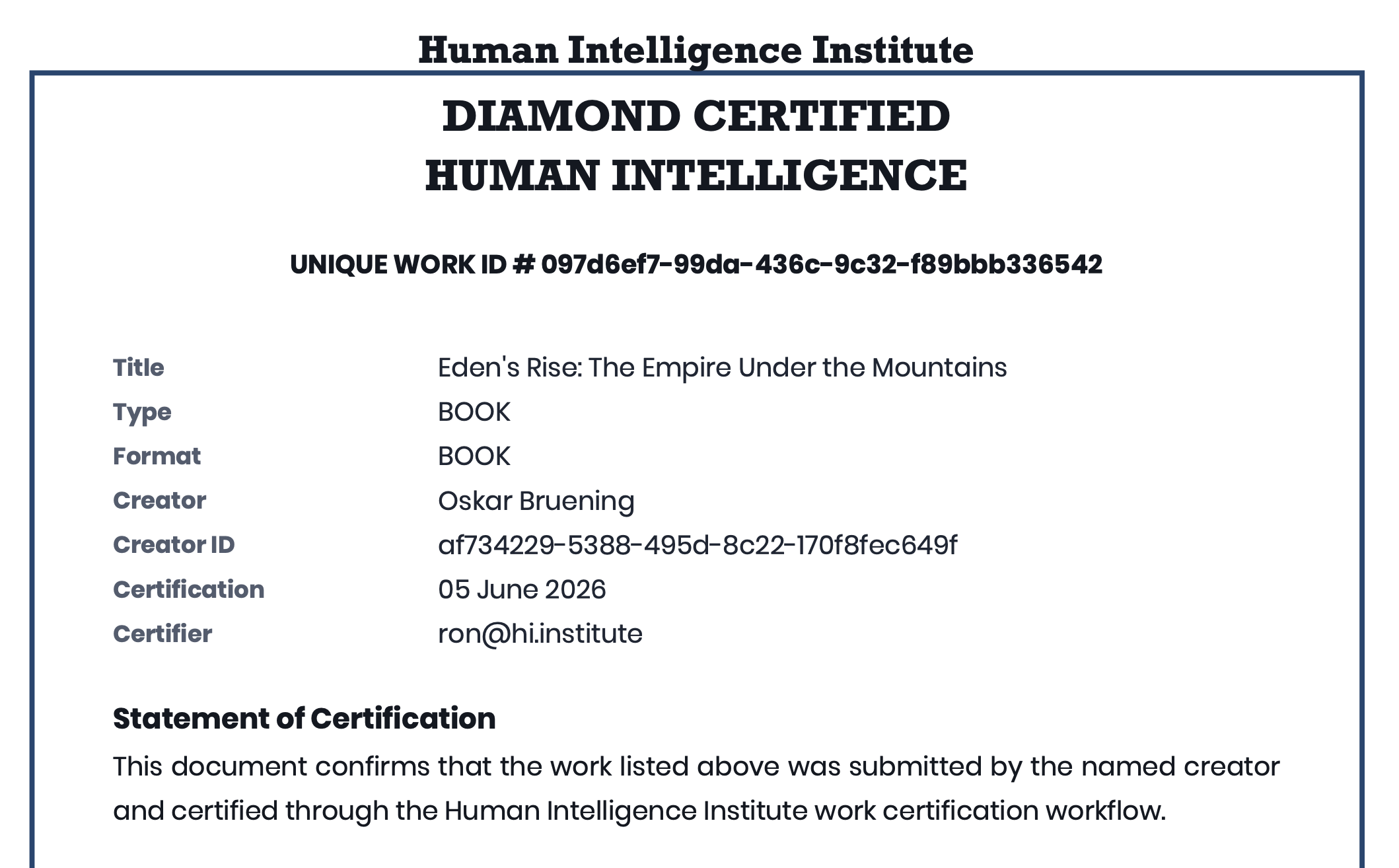 Human Intelligence Institute certificate declaring Eden's Rise diamond certified human intelligence