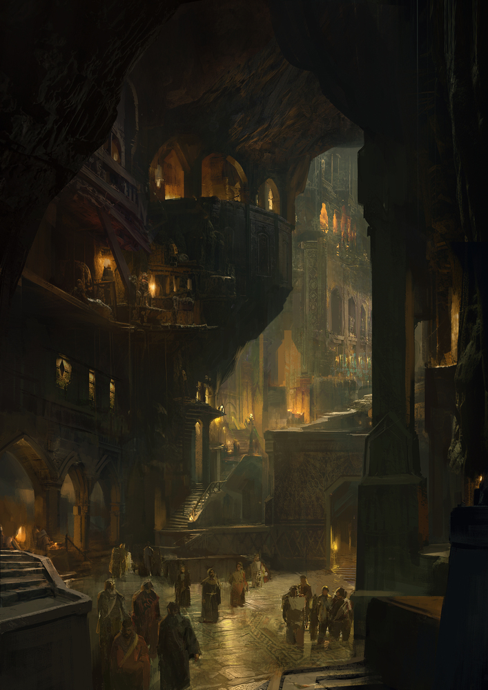 Irridur Town Square illustration from Eden's Rise — a bustling underground dwarven marketplace carved into stone