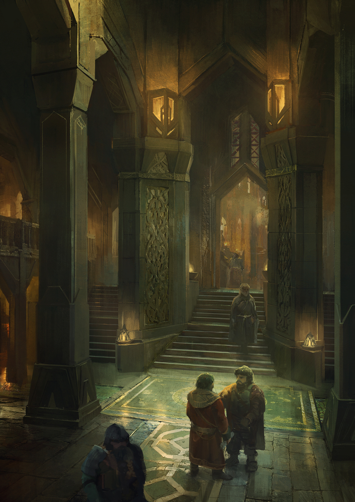 Irridur Court Hall illustration from Eden's Rise — a grand underground hall with towering stone columns