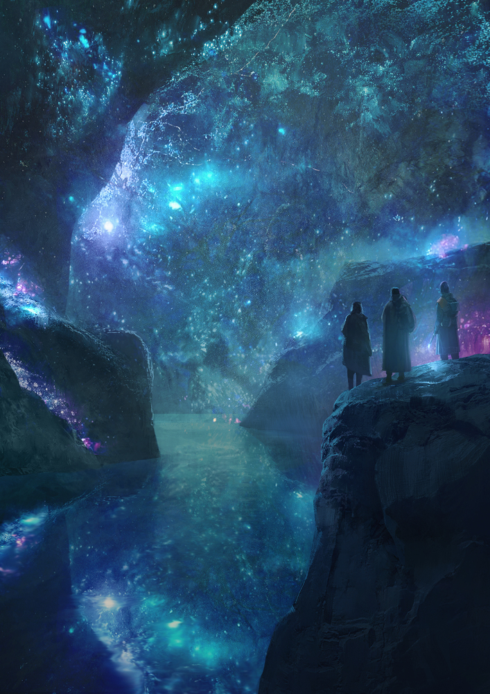 Crystal Cave illustration from Eden's Rise — a glowing underground cavern filled with luminous crystal formations