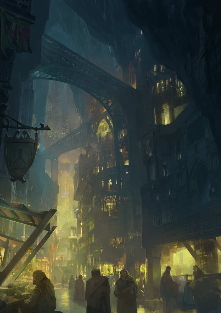 Empire City street scene from Eden's Rise — a bustling underground avenue