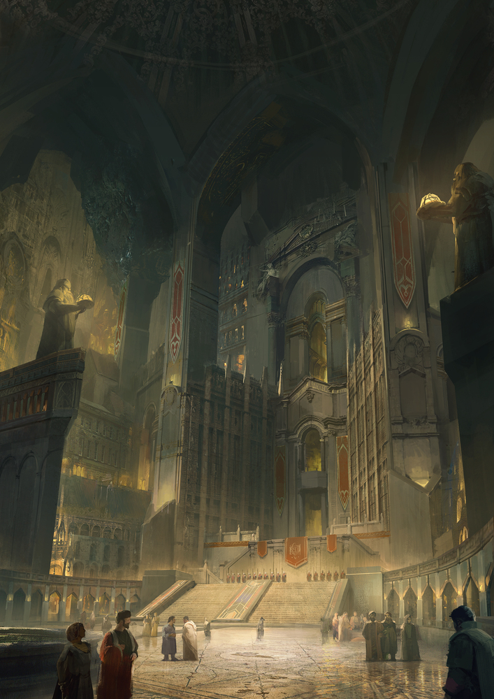 Empire City plaza from Eden's Rise — a grand public square in the dwarven capital