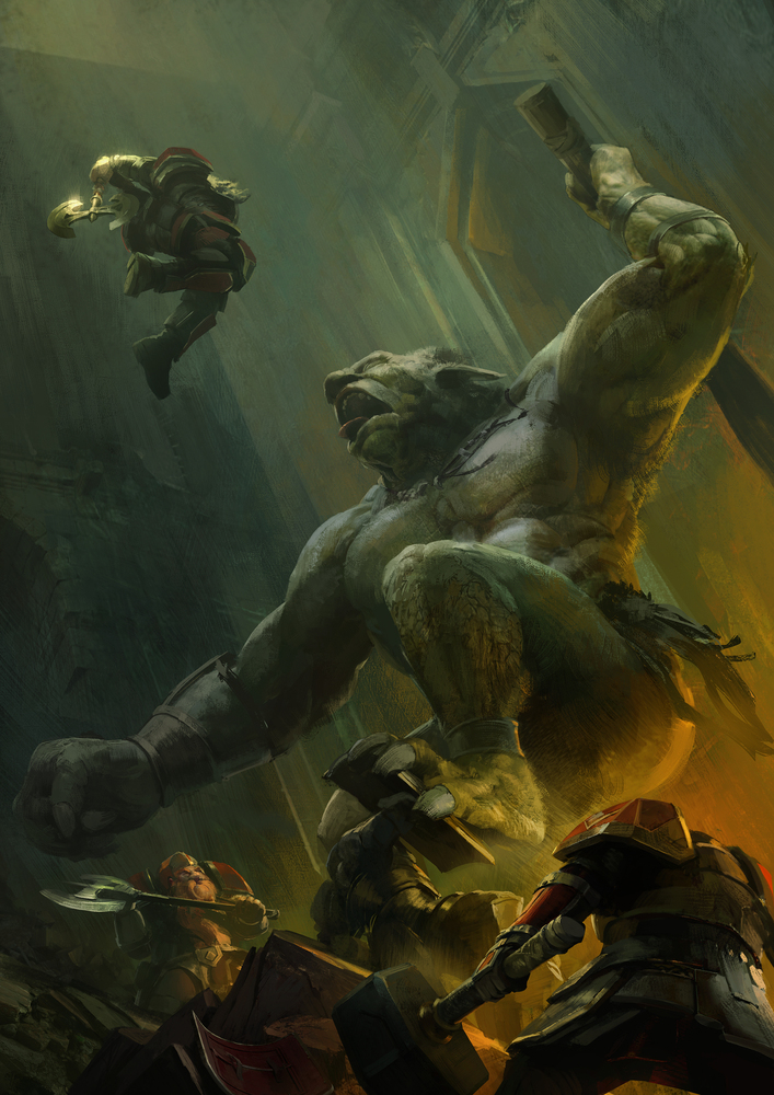 Troll fight illustration from Eden's Rise — a battle against a massive troll