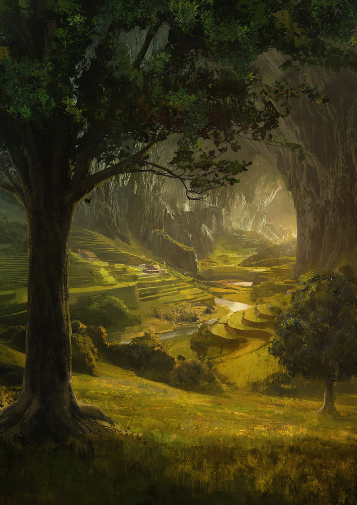 Farmland cavern illustration from Eden's Rise — an underground agricultural chamber