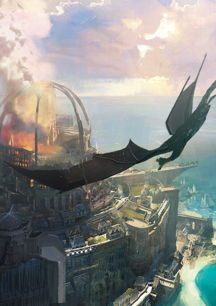 Early draft illustration of the Dragon City from Eden's Rise — a sprawling dwarven metropolis beneath the mountains