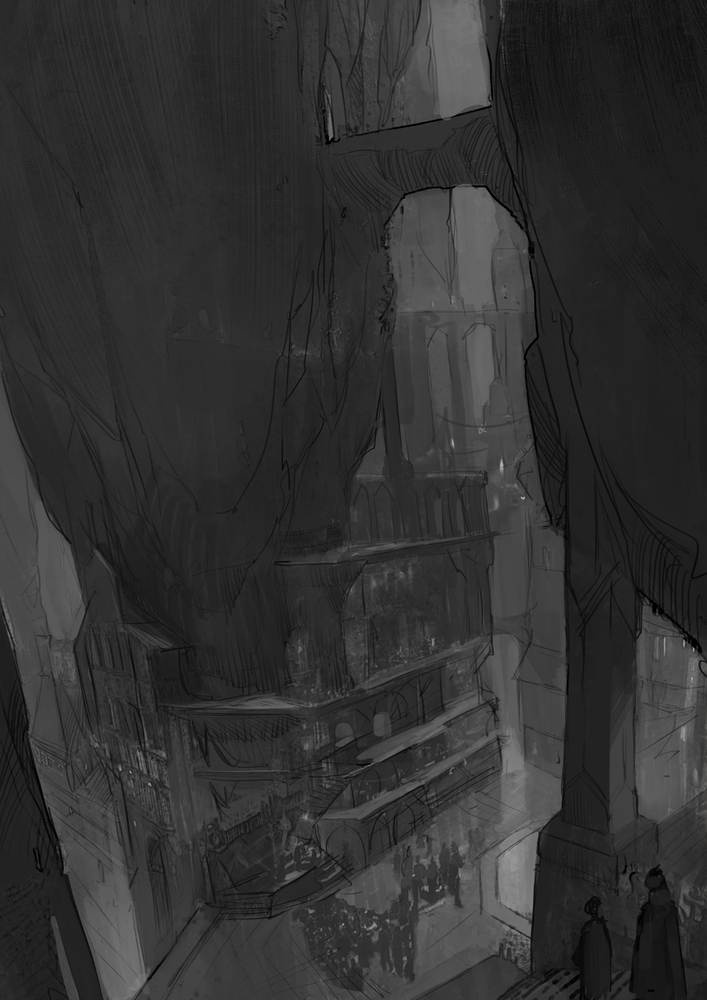 Early draft illustration of Lastadur from Eden's Rise — a black and white sketch of the ancient dwarven stronghold