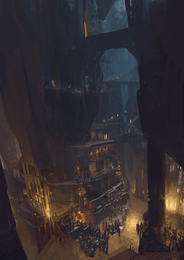 Early draft illustration of the people of Lastadur from Eden's Rise — dwarven citizens going about their daily lives