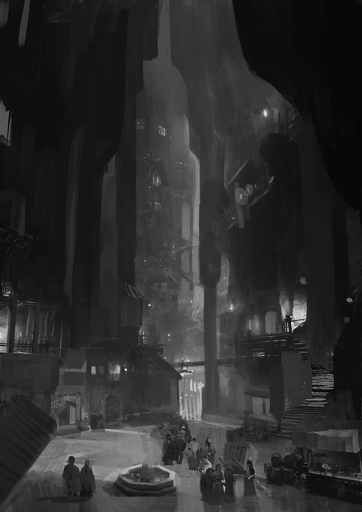 Early draft illustration of Iridur from Eden's Rise — an alternative perspective of the underground town