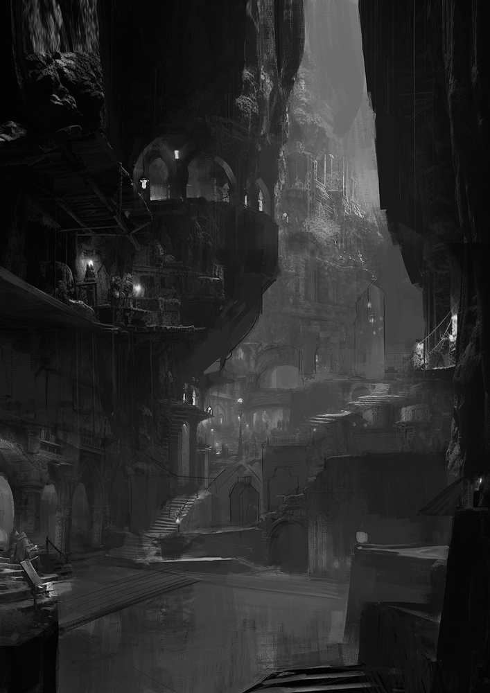Early draft illustration of Iridur from Eden's Rise — a second perspective of the dwarven mountain town
