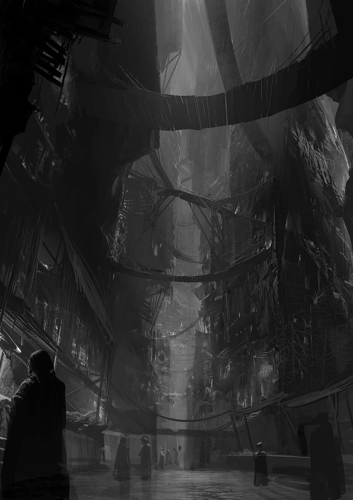 Early draft illustration of The Alleys from Eden's Rise — narrow underground passages winding between stone buildings
