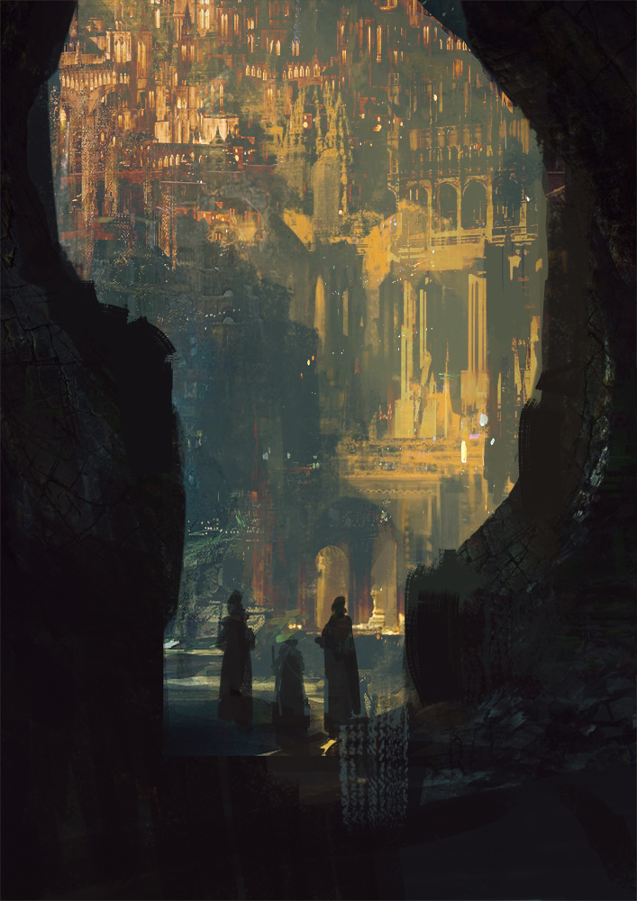 Early draft illustration of an entry scene from Eden's Rise — a grand underground gateway