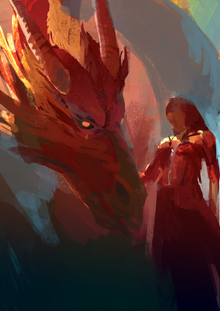 Early draft illustration of Aleena and Scorch from Eden's Rise — a young girl alongside her dragon companion